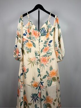 Guess Floral Cream Maxi Dress with Pink & Green Accents
